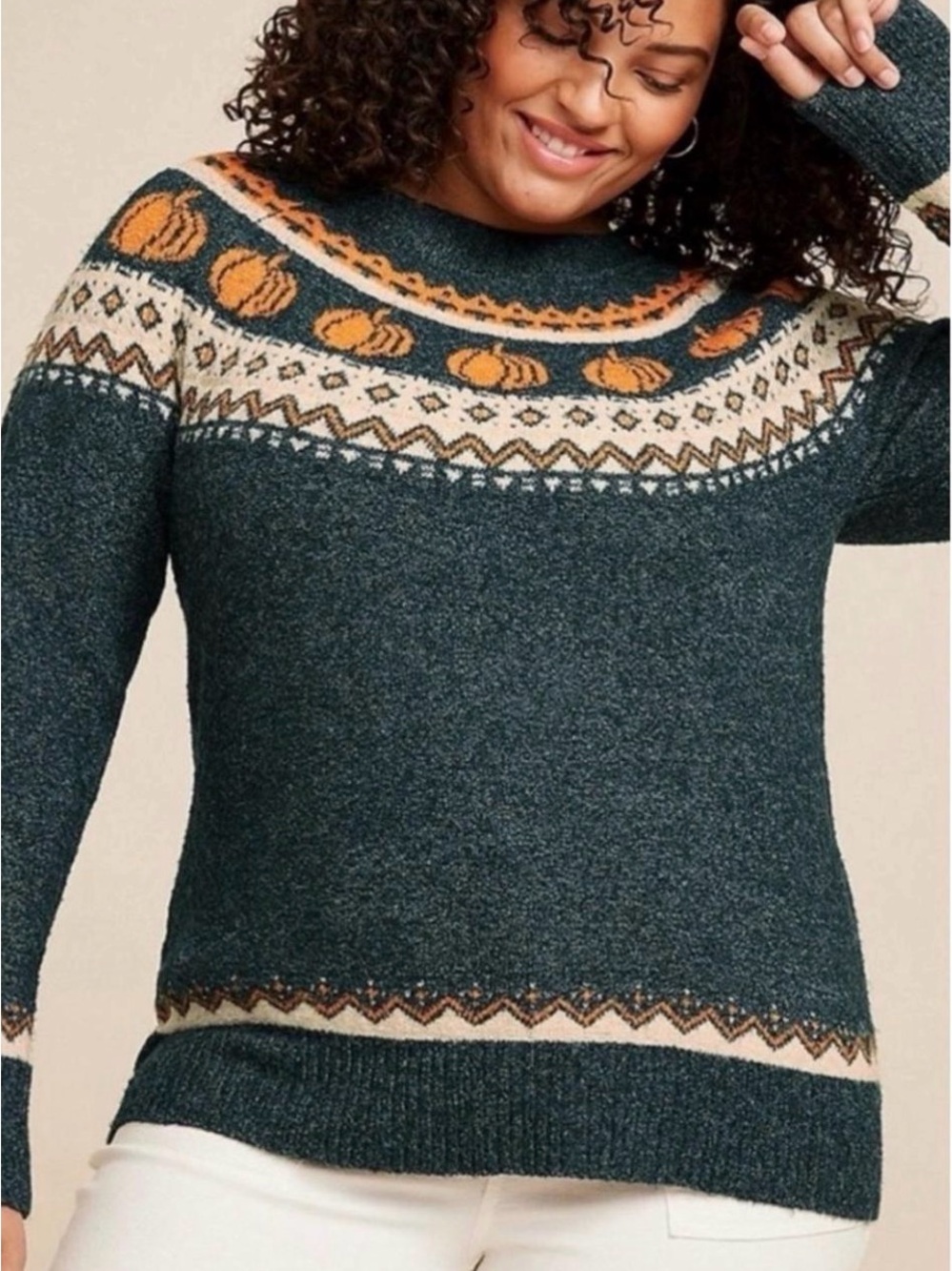 Maurice’s Cozy Pumpkin Yoke Green Fair Isle Fall Sweater - Women's Size 1X